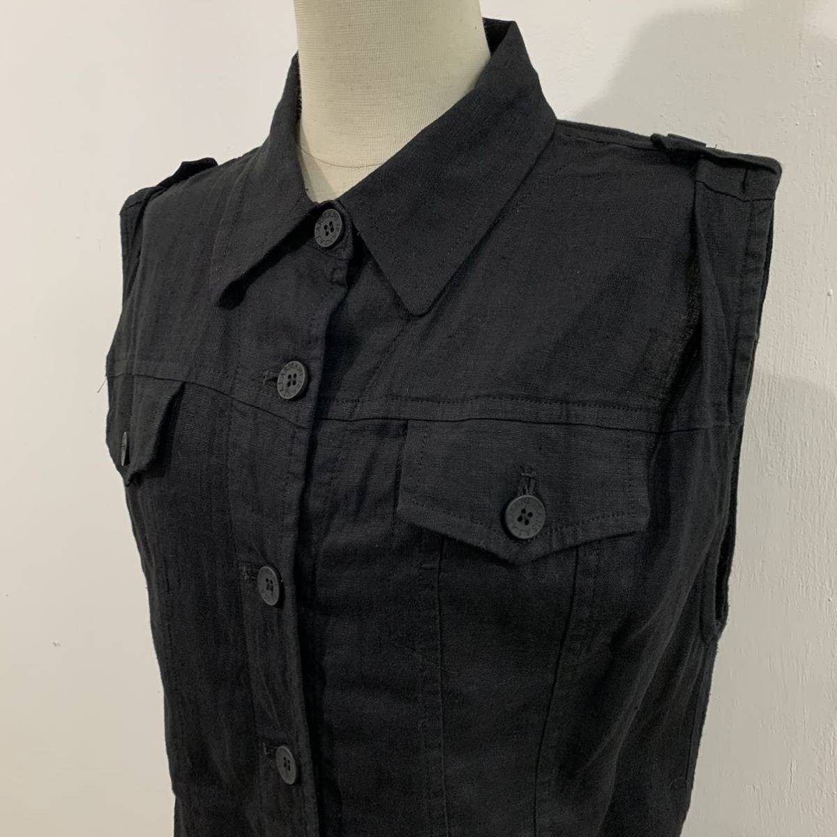 ARMANI JEANS イタリア製 リネンワンピース ノースリーブワンピース エポレット 黒 極上 アルマーニジーンズ【レターパックプラス郵送可】E_画像2