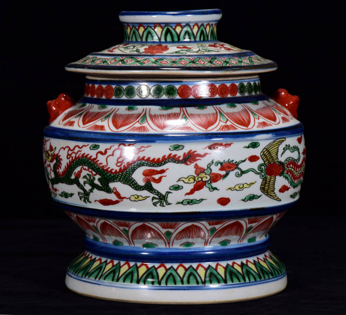 ▽鴻▽ 明 萬暦年製款 古陶瓷品 五彩 龍鳳紋 雙耳蓋罐 置物 古賞物