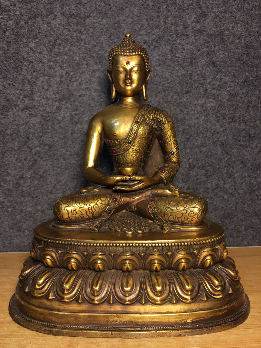 ▽鴻▽ 銅製 金鍍 寶石嵌 釋迦牟尼像 置物 古賞物 中国古玩 中国古美術