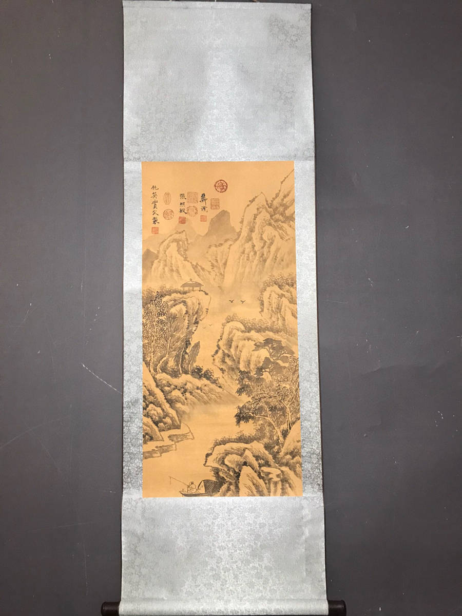 ▽鴻▽【中国字画】明代 仇英 三尺中堂画 山水画 肉筆紙本 稀少物品