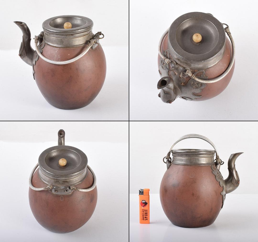 中国 紫砂 朱泥 古錫装飾 玉石摘急須 茶壷 在銘 D R3984-