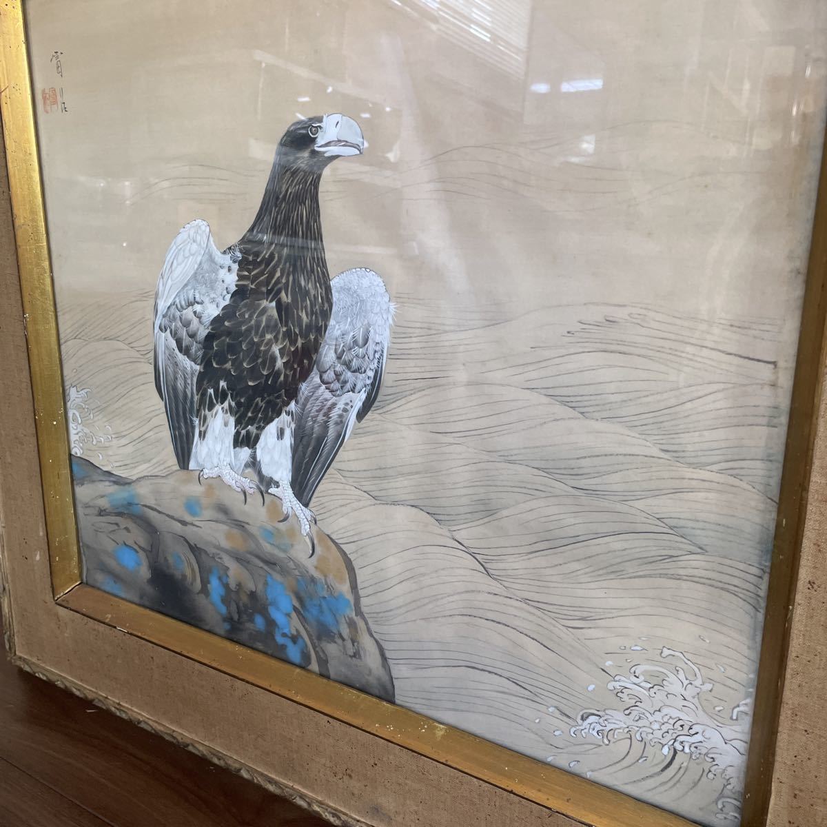 【日本画】鷲 ワシ 鳥 風景画 インテリア 飾り 和室 和 横76.5cm縦69cm_画像2