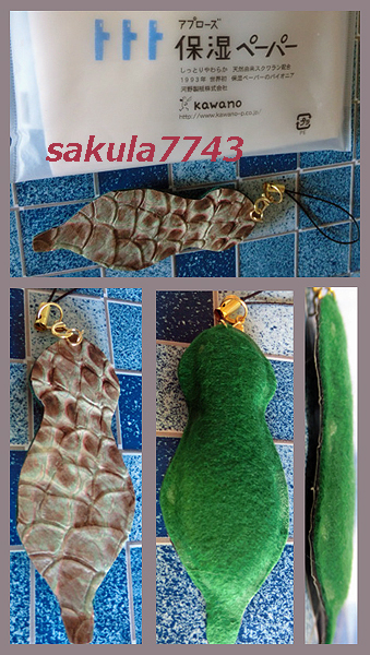 tsu.. ./ strap / key holder /tsuchinoko/. pattern / python / hand made / mobile / smartphone /.... cotton entering / green × green 