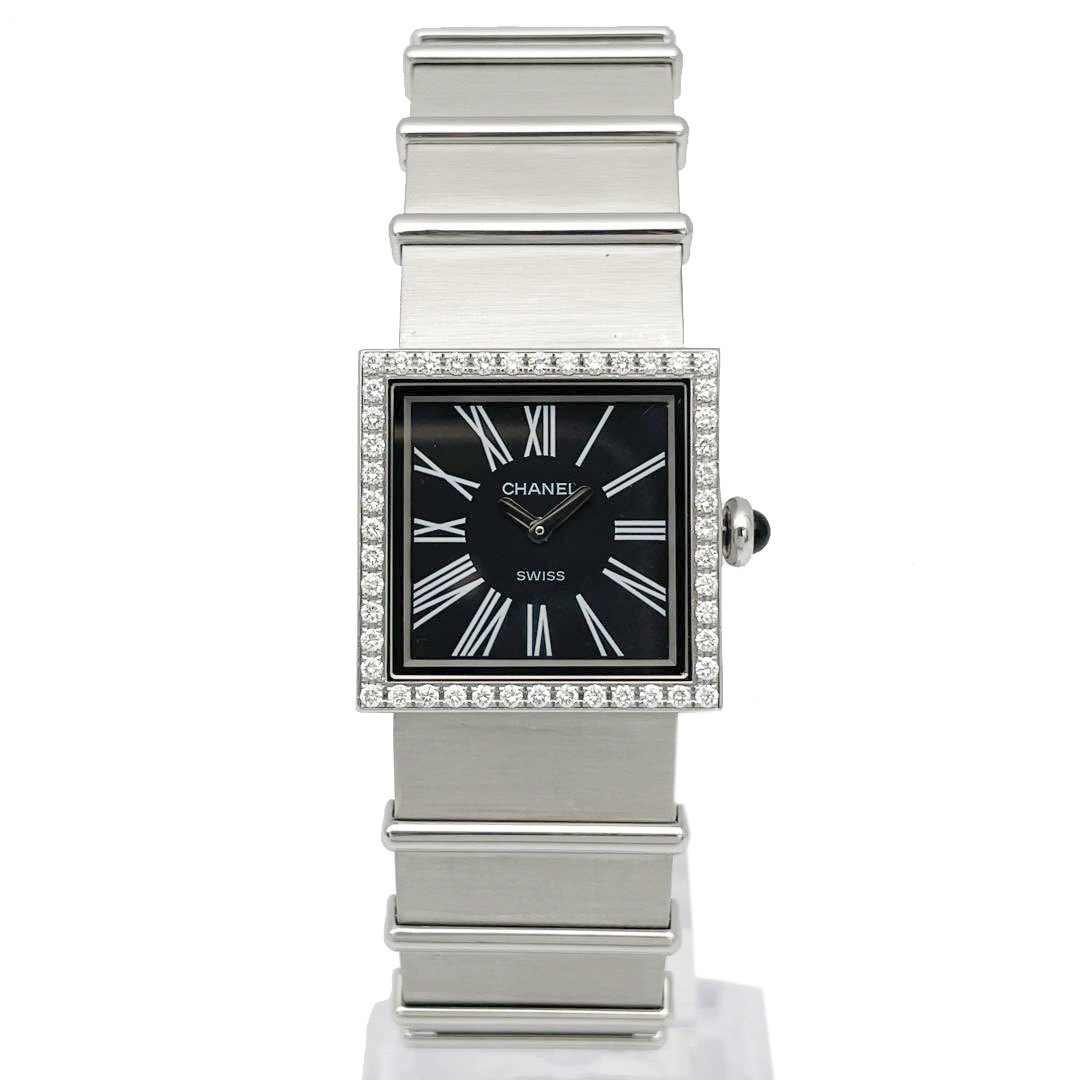 新品磨き済み CHANEL シャネル レディース腕時計 マドモアゼル 純正ダイヤモンドベゼル クオーツ SS シルバー ブラック文字盤 H0875