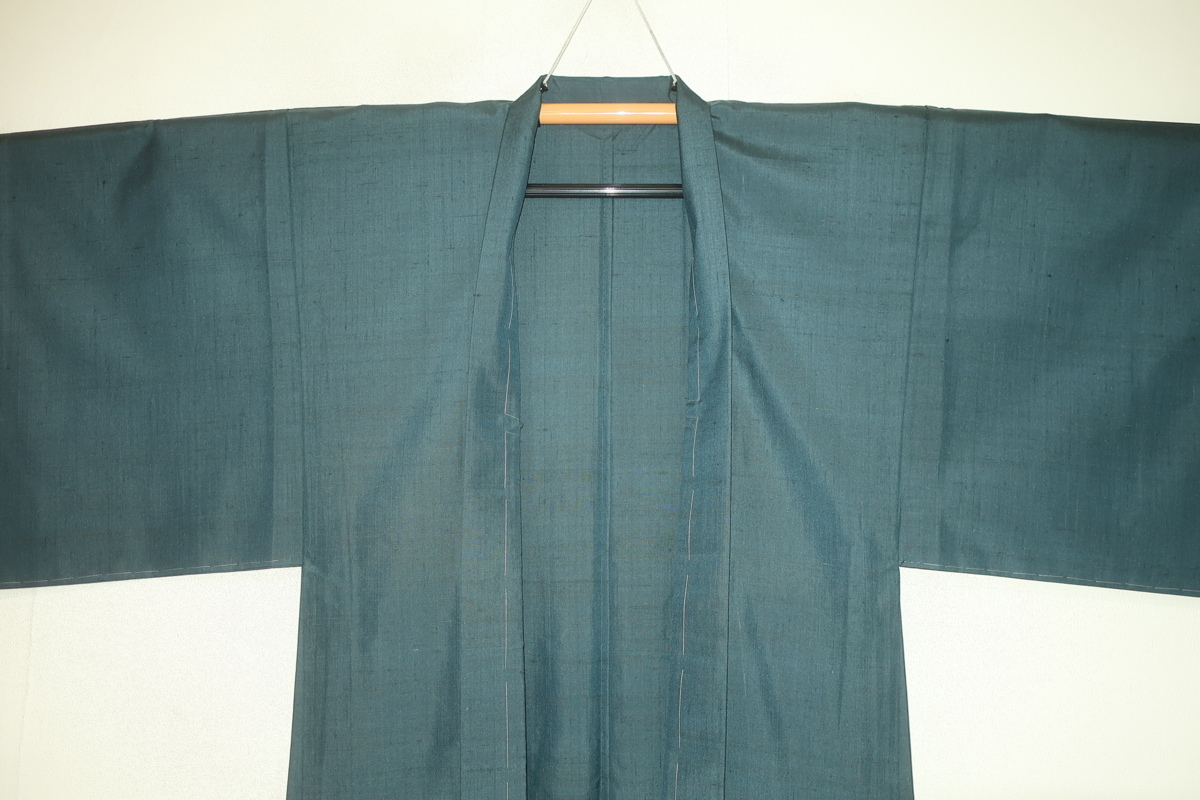 弐1321R 本絹米澤紬 男羽織 裄72丈96К青緑・淡いお納戸色無地紬 絶品現代物 新品仕立て上がり