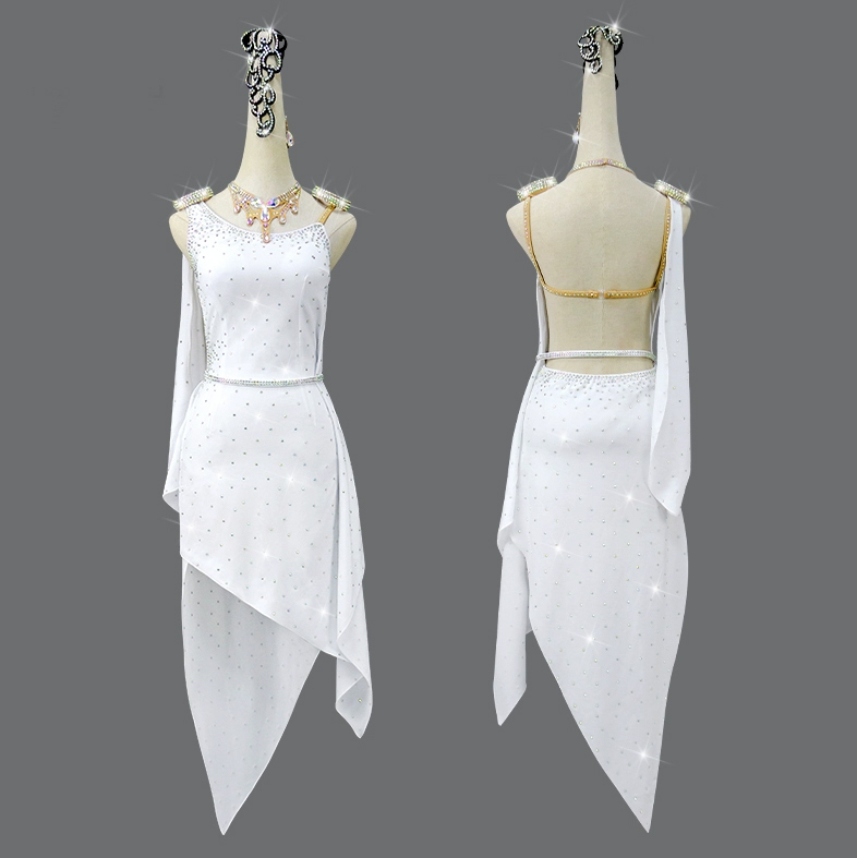 新品　レディース社交ダンス衣装　ラテンドレス　無料サイズ調整対応　ライトストーン飾り　上品新作　ホワイト　お得のセット品