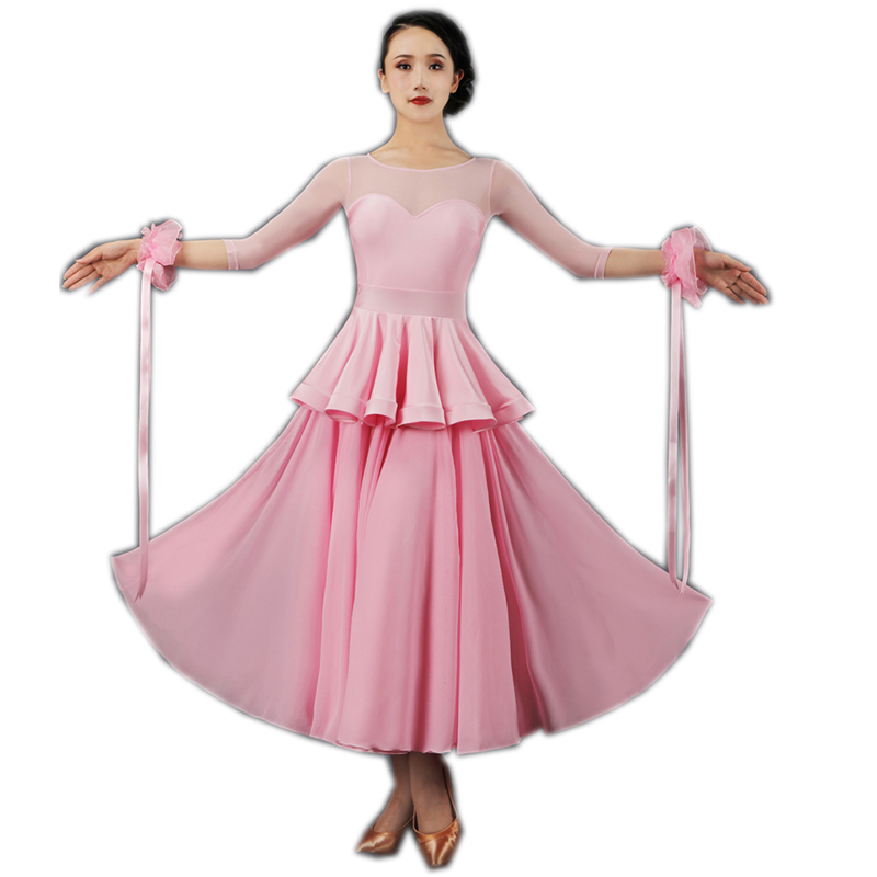 ファッション新作　レディース社交ダンスドレス　ワルツワンピース　ピンク　S～XXL選択　セミオーダー可