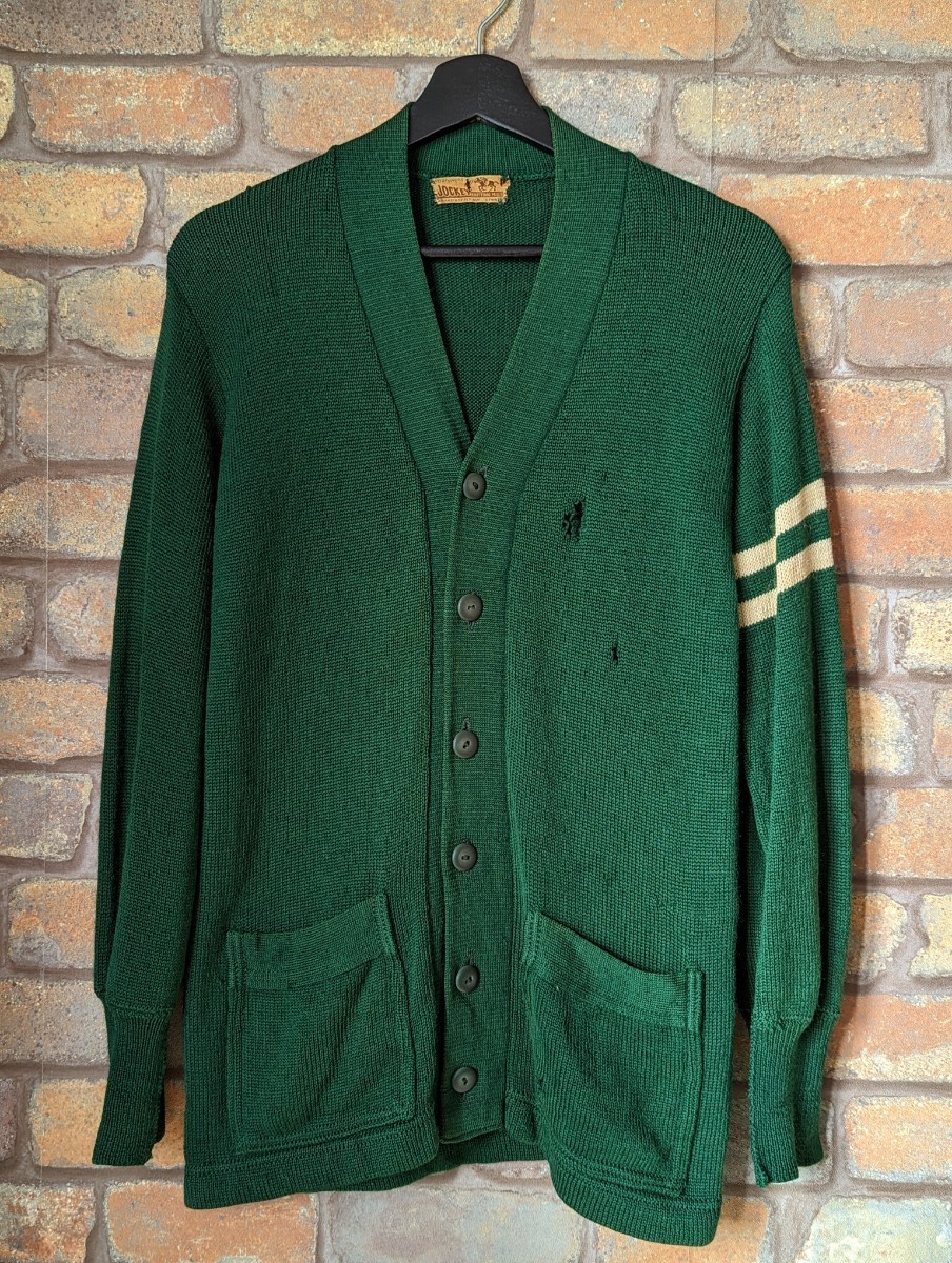 ☆50年代☆ JOCKEY レタードカーディガン グリーン ビンテージ ニット ウール 雰囲気系 Vintage Cardigan 50s ボロ boro