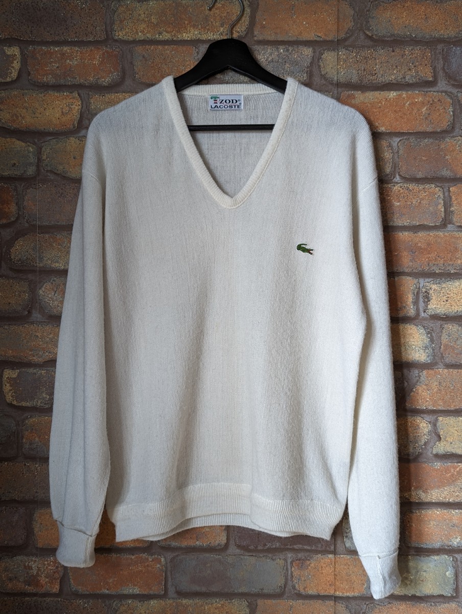 ☆70年代☆ LACOSTE ラコステ Vネックアクリルセーター ホワイト ビンテージ 糸巻きタグ 70s vintage sweater USA製