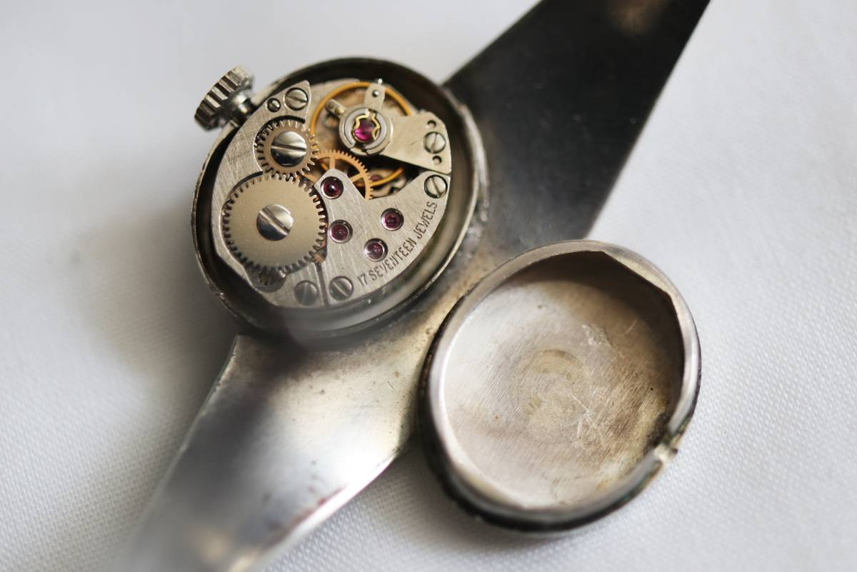 * женский Vintage * рабочий товар серебряный? браслет часы LENAIN Paris SILVER серебряный аксессуары черный зеркало циферблат утиль 