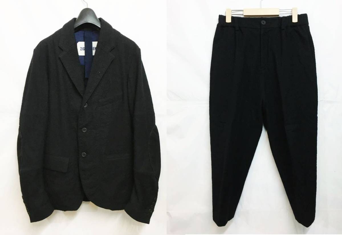 ZIGGY CHEN ジギーチェン セットアップ ウールジャケット & スラックスパンツ 44 黒 スーツ_画像1