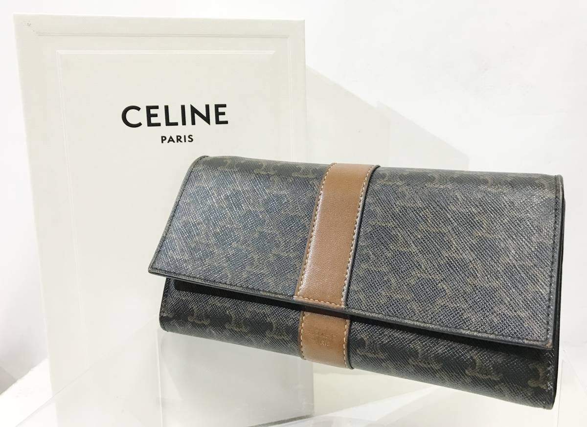 CELINE セリーヌ トリオンフ ラージフラップウォレット マカダム柄 ブラウン レザー長財布 札入れ 小銭入れ カード入れ_画像1