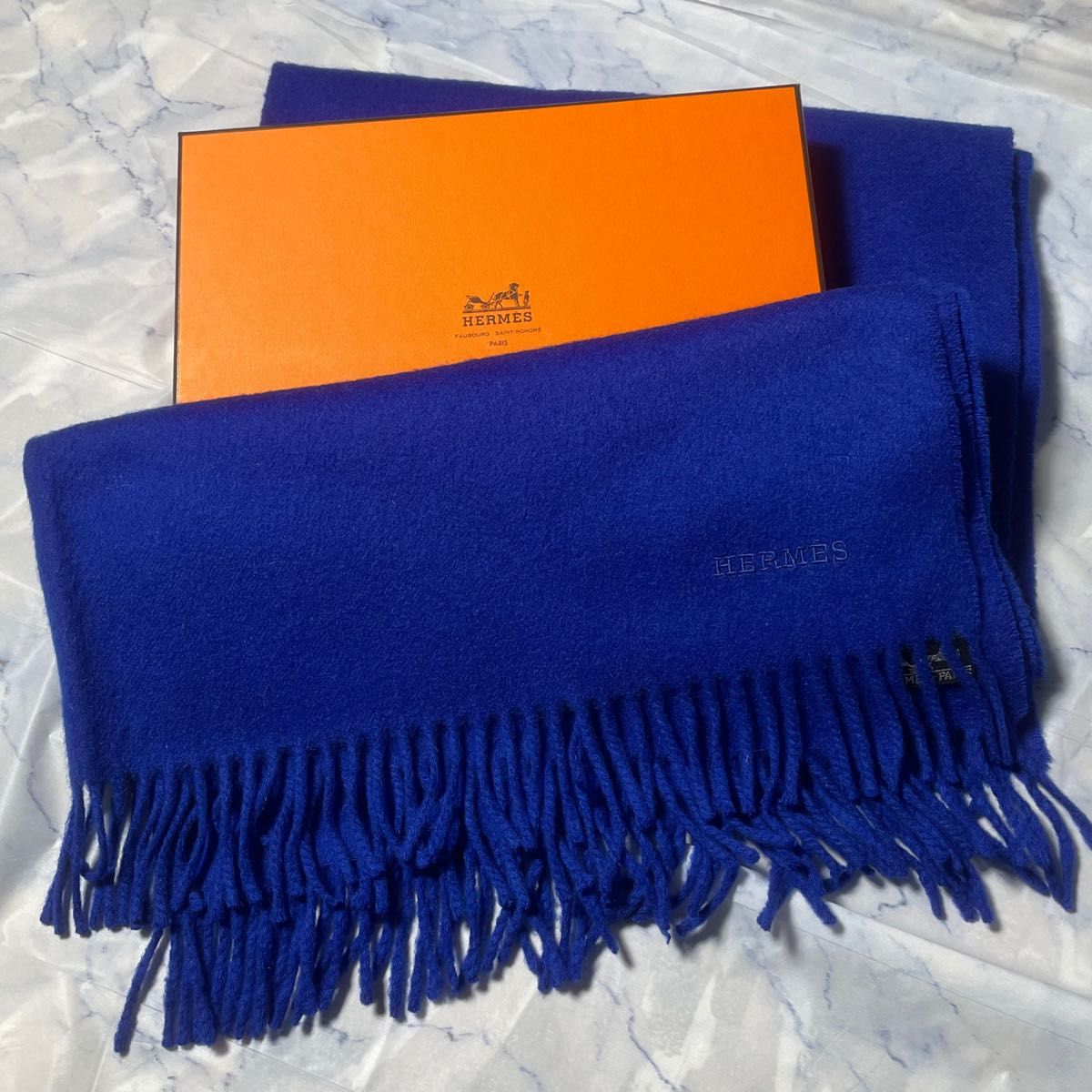 美品！！HERMES マフラー ブルー-