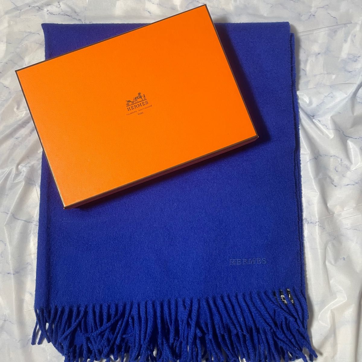 美品！！HERMES マフラー ブルー-