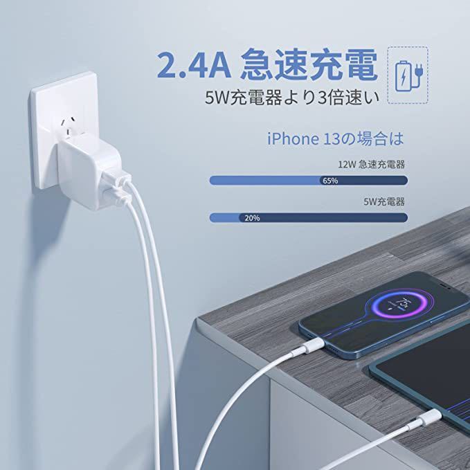 iPhone 充電器 USB 充電器 2ポート 12W 【PSE認証済み/折り畳み式】 1M/2M iPhone 充電ケーブル 2本付き スマホ充電器 USB コンセント