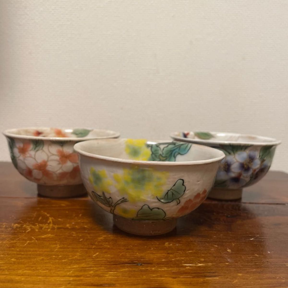 【おまけ付・新品・未使用】京焼 陶あん 浅湯呑み 菜花と蓮華＆変り桜＆桜 ３客セット