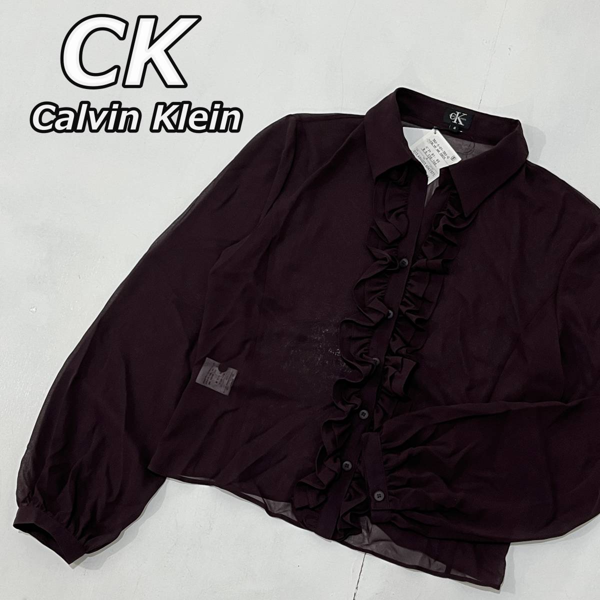 【CK Calvin Klein】カルバンクライン フリル ブラウス シャツ 薄手 ポリエステル えんじ色 ワインレッド レディース_画像1