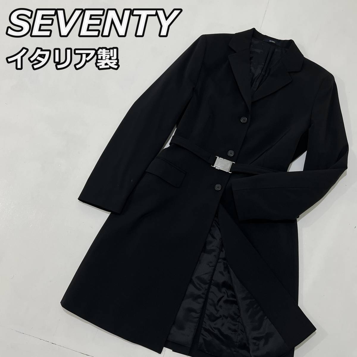 【SEVENTY】セブンティ イタリア製 ロング丈 テーラード コート ベルト付き ジャケット MADE IN ITALY 黒 ブラック レディース_画像1