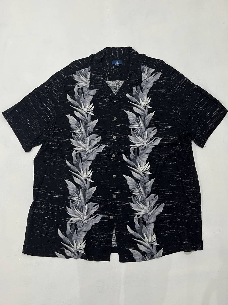 size:3XL【GEORGE】ジョージ レーヨン100％ リーフ 草柄 アロハシャツ オープンカラー ボックス ビッグサイズ 黒 ブラック_画像2