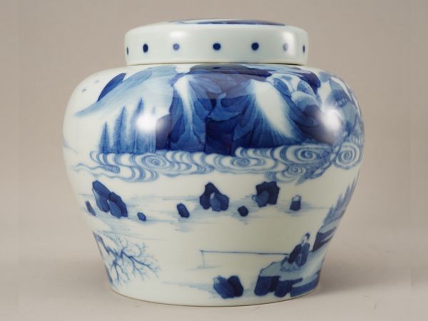 清代大清康熙年製陶磁器青花山水人物紋蓋罐【仁】染付置物擺件古賞物古