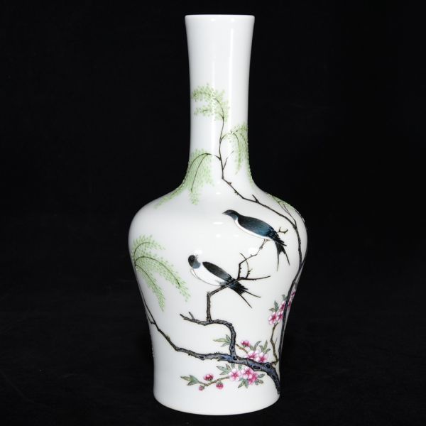 清代大清雍正年製陶磁器琺瑯彩柳燕紋題詩瓶仁染付置物擺件古