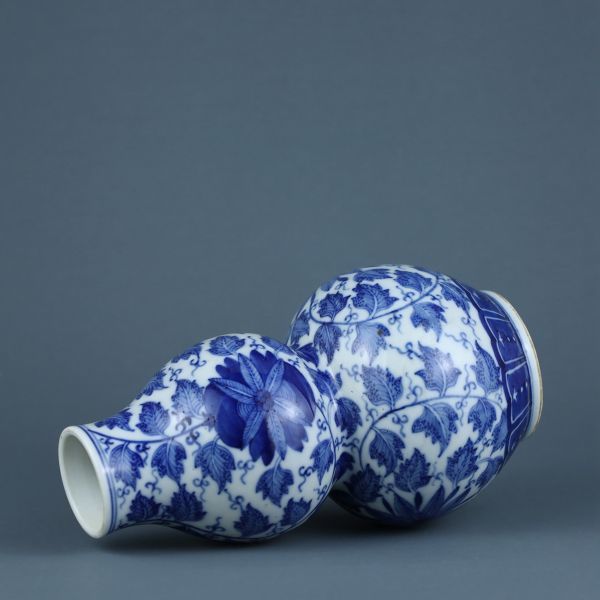 清 乾隆年製 陶磁器 青花纏枝花卉紋罐一対」染付 置物 擺件 古賞物