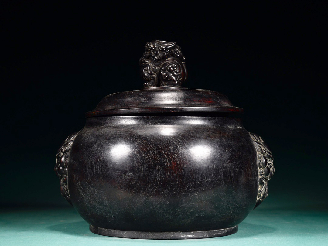 ▽鴻▽清朝時代 紫檀木彫 獣耳蓋罐 時代物 中国古美術 骨董品