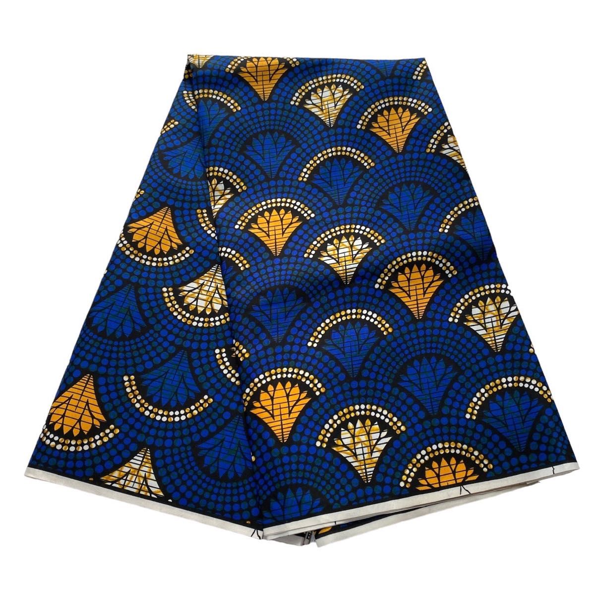 【200035】アフリカ布 生地 はぎれ ハギレ カットクロス 布 アフリカンプリント アンカラ キテンゲ ブルー 青 扇子 扇