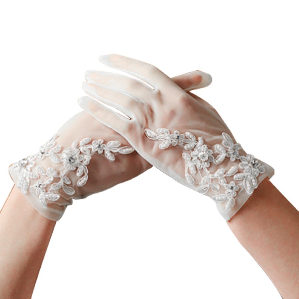 レース 手袋 ウェディングショートグローブ オーガンジー 刺繍 手袋 ラインストーン パール 白 結婚式 ホワイト【送料無料】_画像1