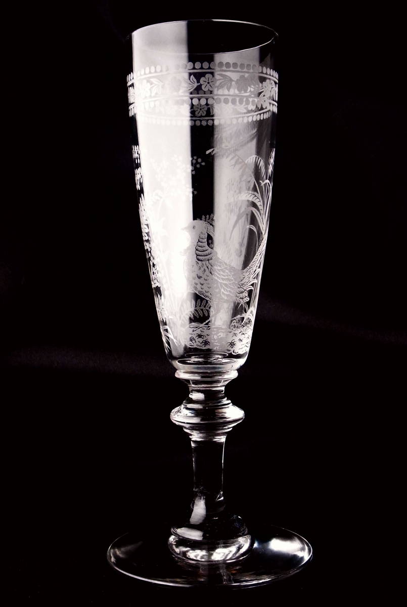 稀少 OLD BACCARAT オールドバカラ ジャポニスム フルートグラス 優美な脚付きグラス 雉 南天 上質クリスタル アンティーク