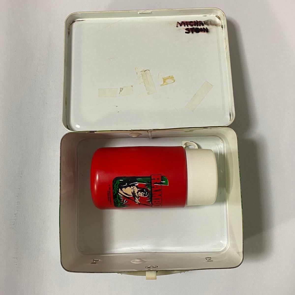 h59 редкий 80 годы RAMBO ланч box Rimbaud THERMOS Thermos lunch box Movie movie утка камуфляж Vintage VINTAGE 80s