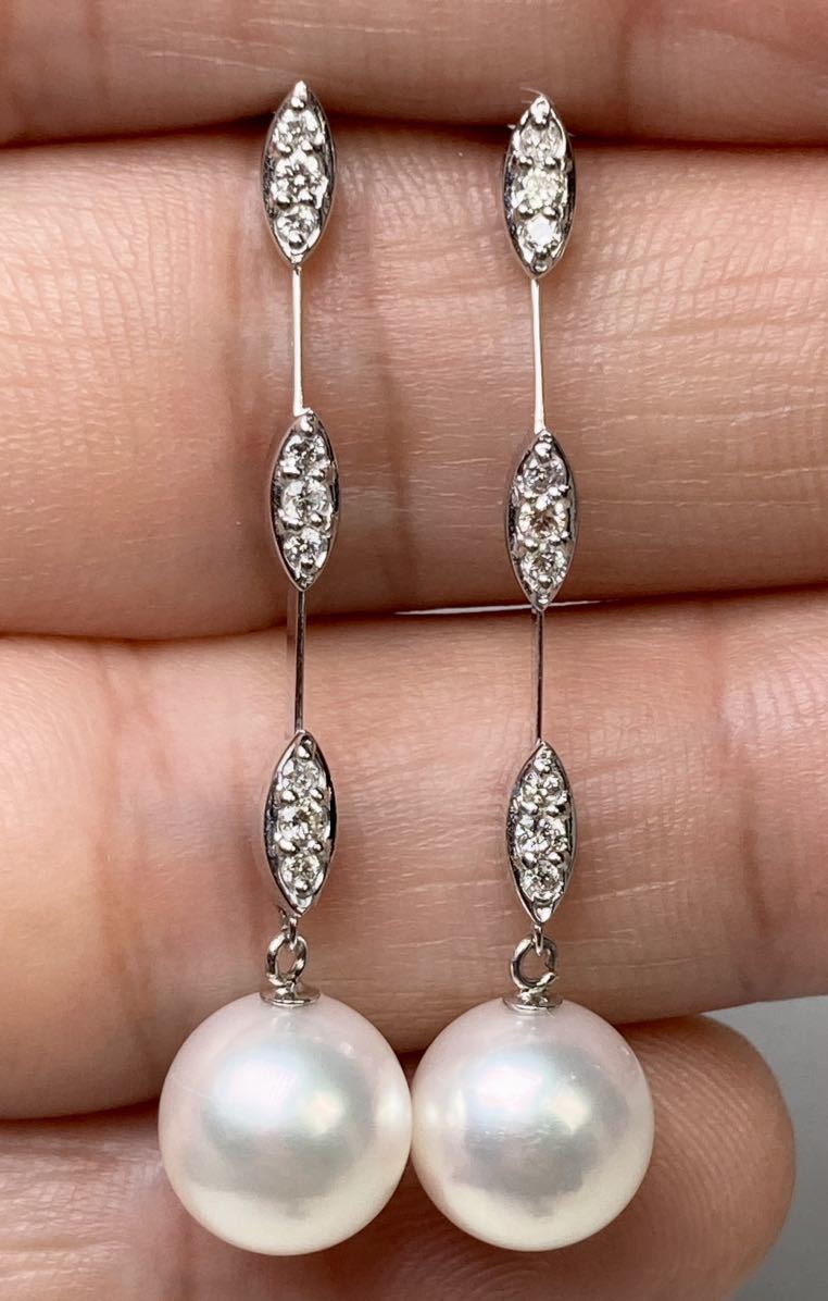 宅配 ホワイトゴールド 0.12ct×2 ダイヤモンド 9.2mm あこや真珠 新品