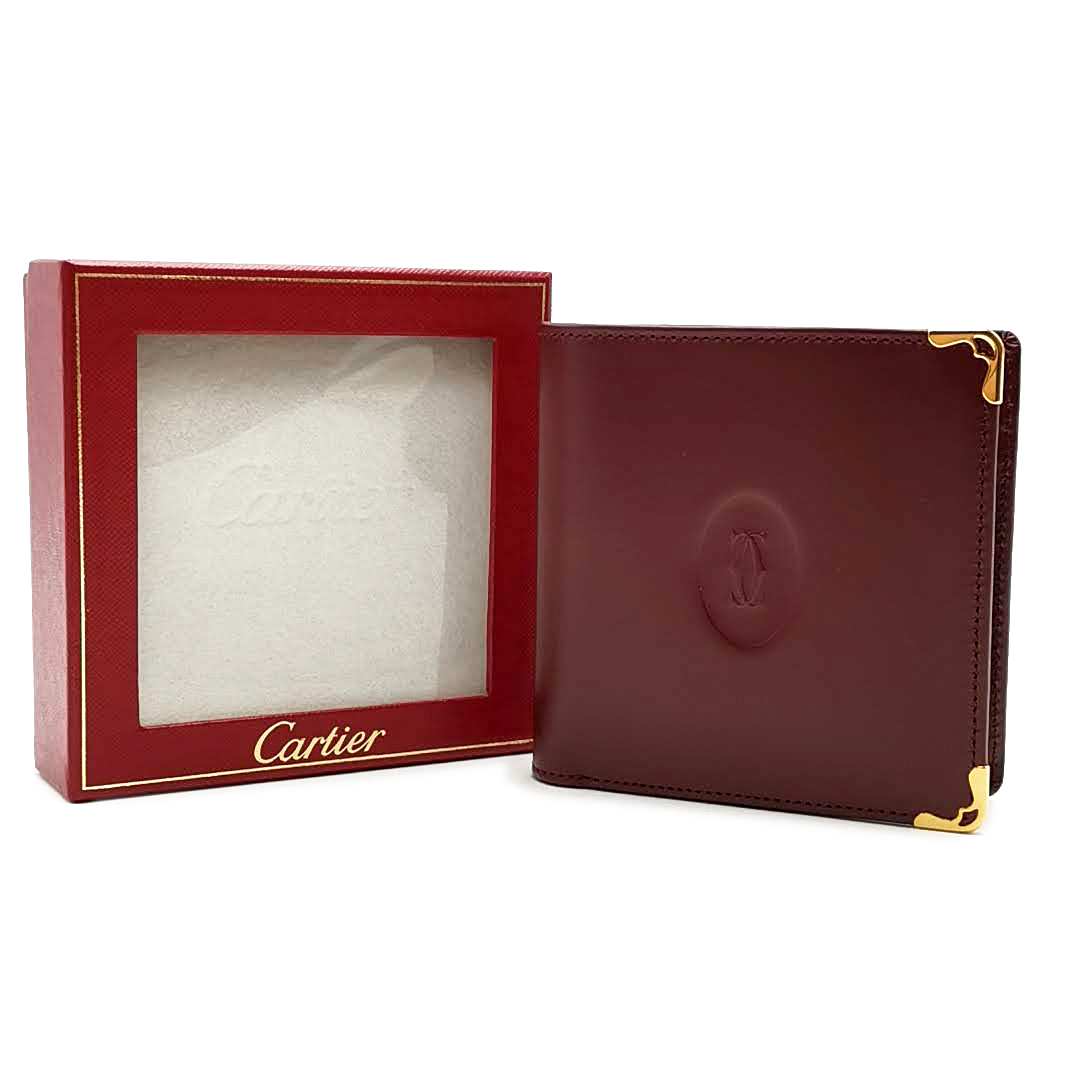 送料無料 超美品 カルティエ Cartier 財布 二つ折り コンパクトウォレット マストライン レザー 本革 ボルドー系 メンズ