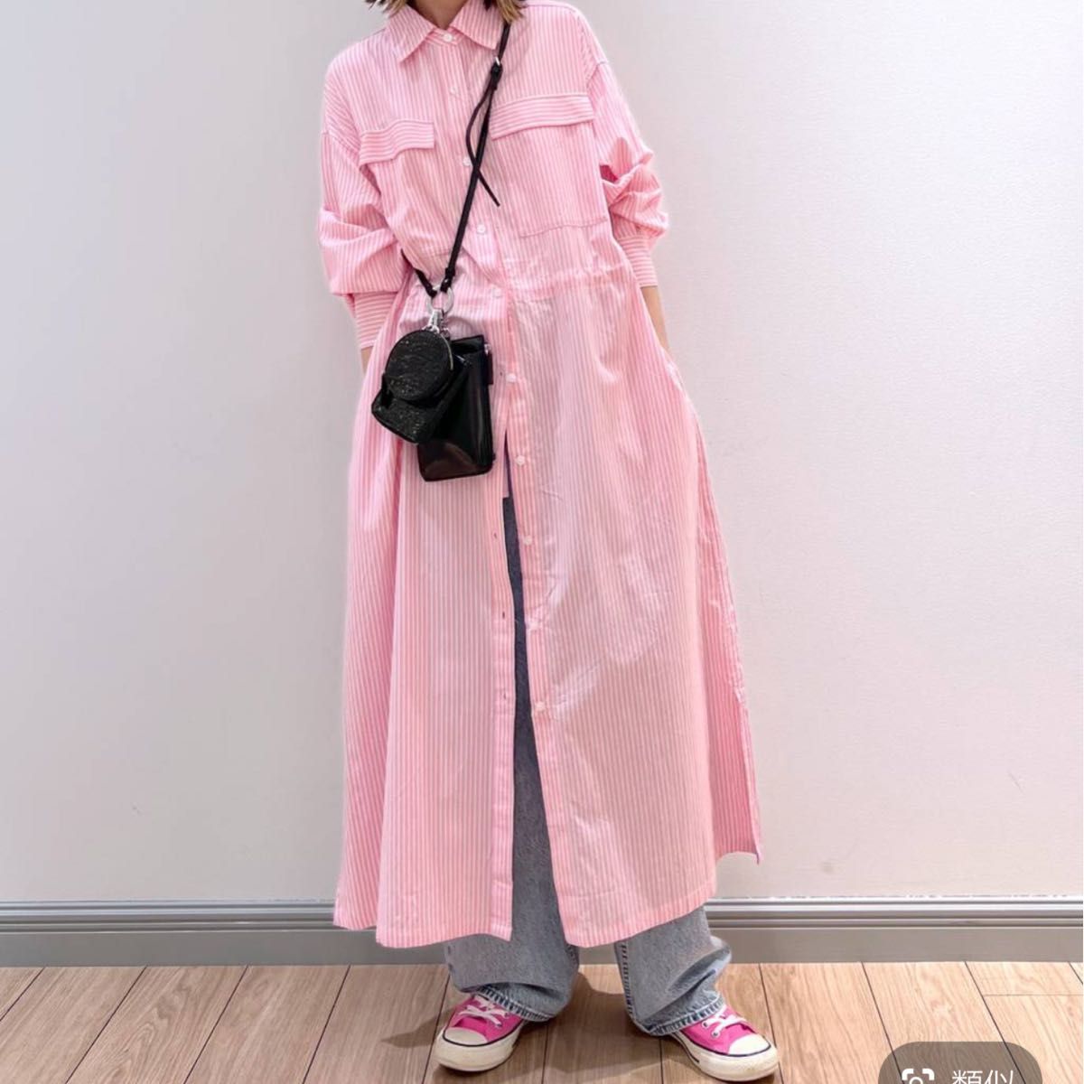 定価7700円　新品　ストライプシャツワンピース　ピンク