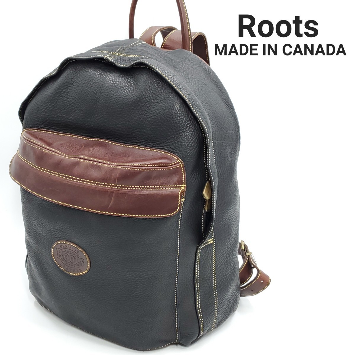 定価5万以上カナダ製 Roots 大容量オールレザーリュック黒茶バック