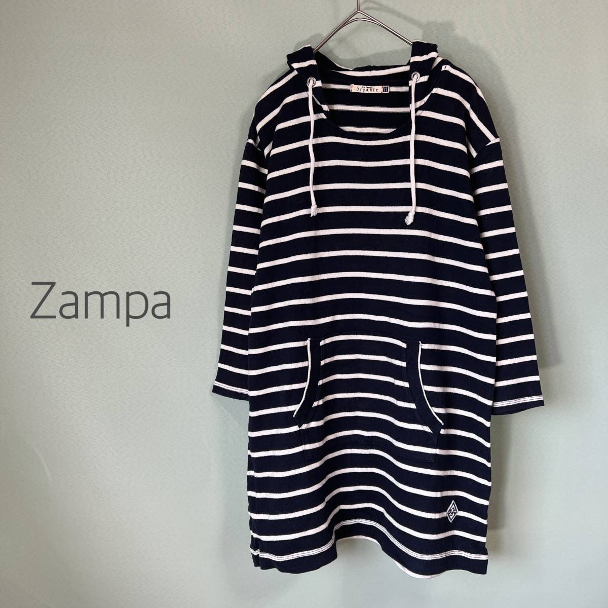 ◎Zampa Organi ザンパ　七分袖チュニックカットソー　パーカカットソー　フーディー　Mサイズ　ボーダー柄　ネイビー×白色_画像1