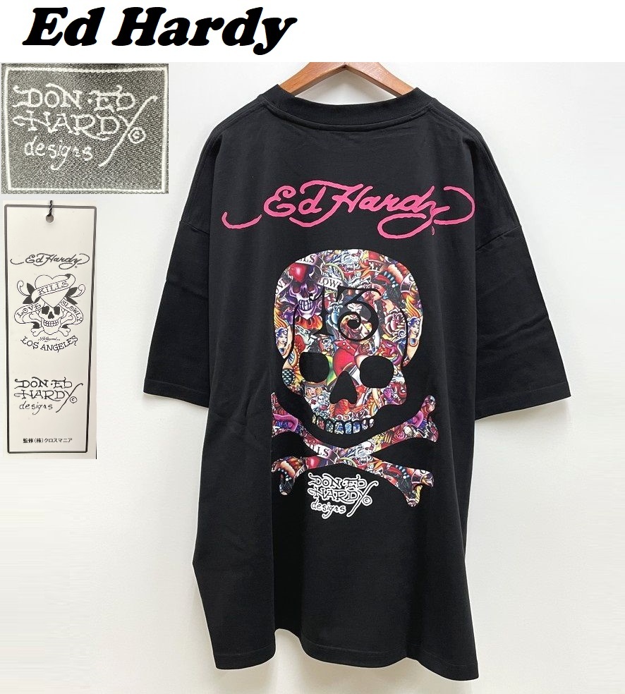 未使用品 /5L/ Ed Hardy ブラック プリント半袖Tシャツ スカル 骸骨 プリント文字 ロゴ タグ 大きいサイズ メンズ レディース エドハーディ