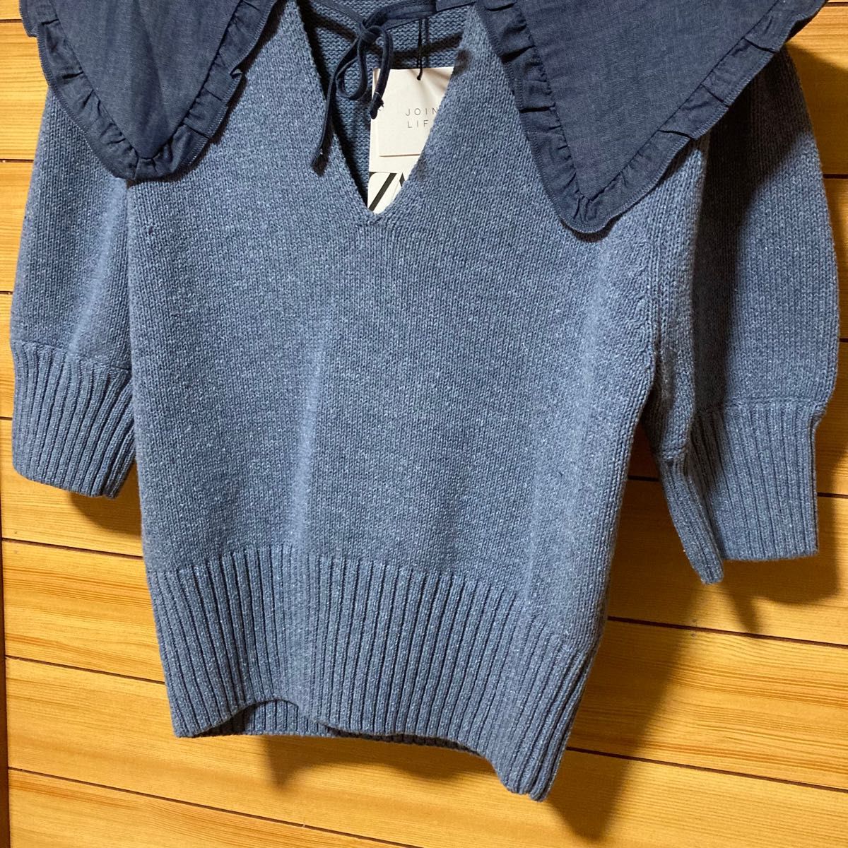 新品 タグ付 未使用 ZARA ザラ サマーニット ブルー デニム リボン トップス 半袖 カットソー 襟付き ニット フリル