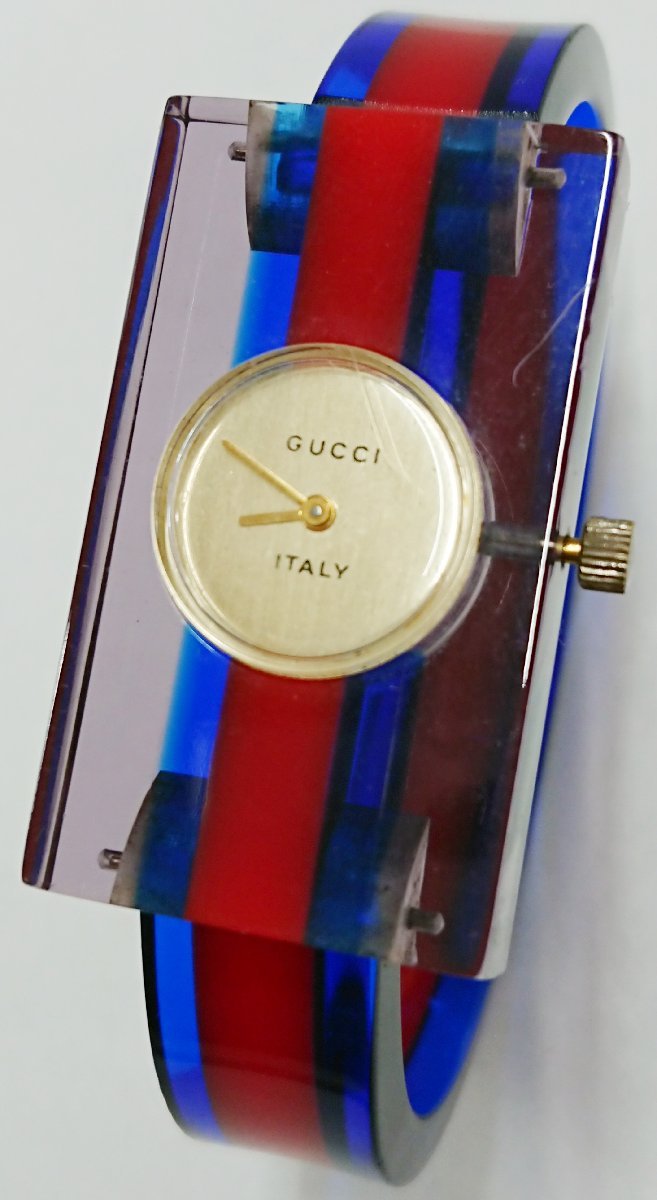 要修理品!!リューズ取れる!! GUCCI/グッチ シェリーライン クリアバングル 裏スケ 17石 手巻き 腕時計 レディース ウォッチ USED品_画像5