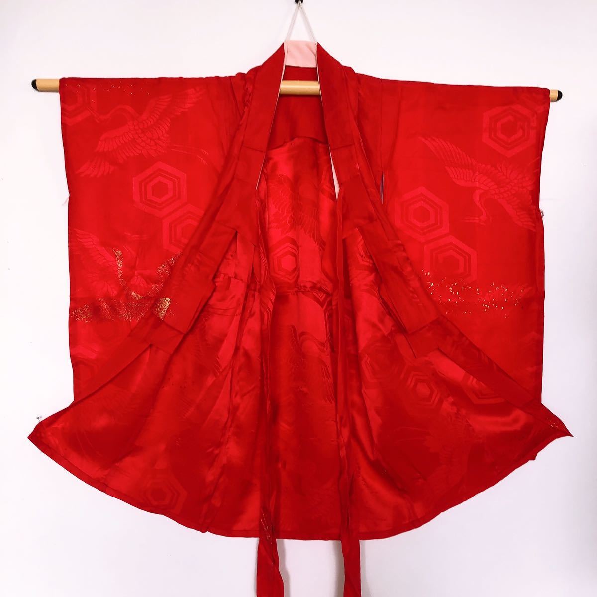[ тканый .R] retro длинное нижнее кимоно девочка журавль красный фотосъемка длина рукава 38. ширина 34. длина одежды 76.* KIMONO JAPAN* включение в покупку возможно * o4141