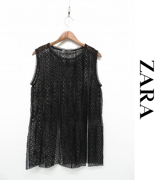 A238/美品 ZARA ノースリーブカットソー タンクトップ レース スリット シースルー L 黒 Y2K モード_画像1