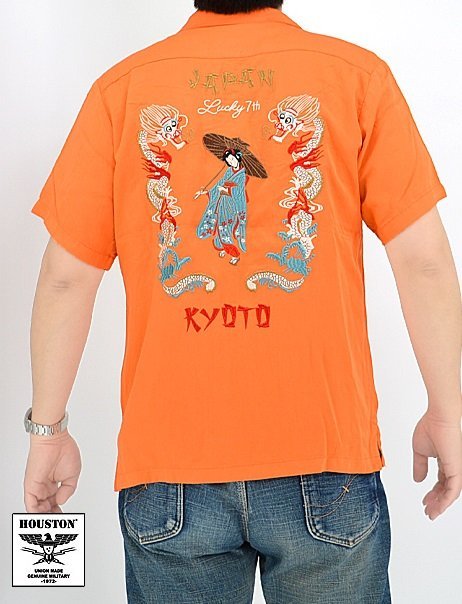 スーベニアスカ半袖シャツ「舞妓」◆HOUSTON オレンジLサイズ 41002 ヒューストン 刺繍 和柄 和風