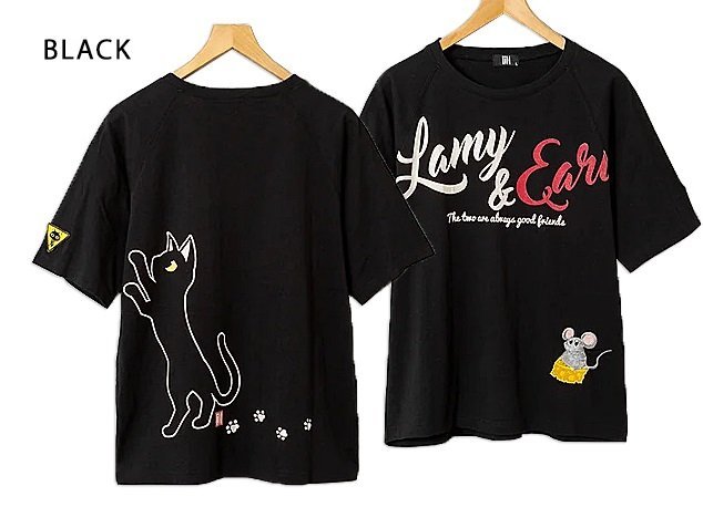 ラミ＆アール 何かが気になるTシャツ◆LIN ブラックMサイズ AL-75064 黒猫 ねこ ネコ ネズミ 鼠 刺繍 和柄_画像1