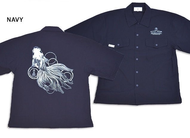 金魚のワイドシャツ◆喜人 ネイビーXLサイズ KJ-32406 和柄 和風 ゆったりめ オーバーサイズ きんとと 日本 きじん