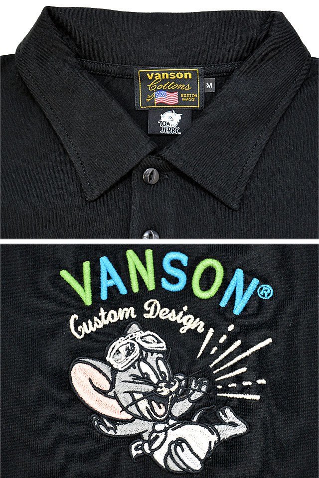 vanson×TOM＆JERRYコラボ 天竺半袖ポロシャツ◆vanson ブラックXXLサイズ TJV-2315 バンソン ヴァンソン トムとジェリー 刺繍_画像3