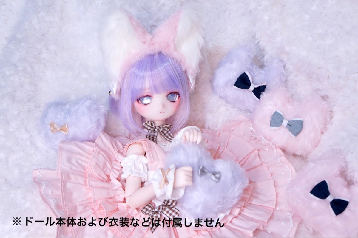 【ミニクッションおまけ】ドール用ケモミミカチューシャ #007-2 ピンク×ホワイト リボンと鈴のチャーム 対応サイズMDDなど