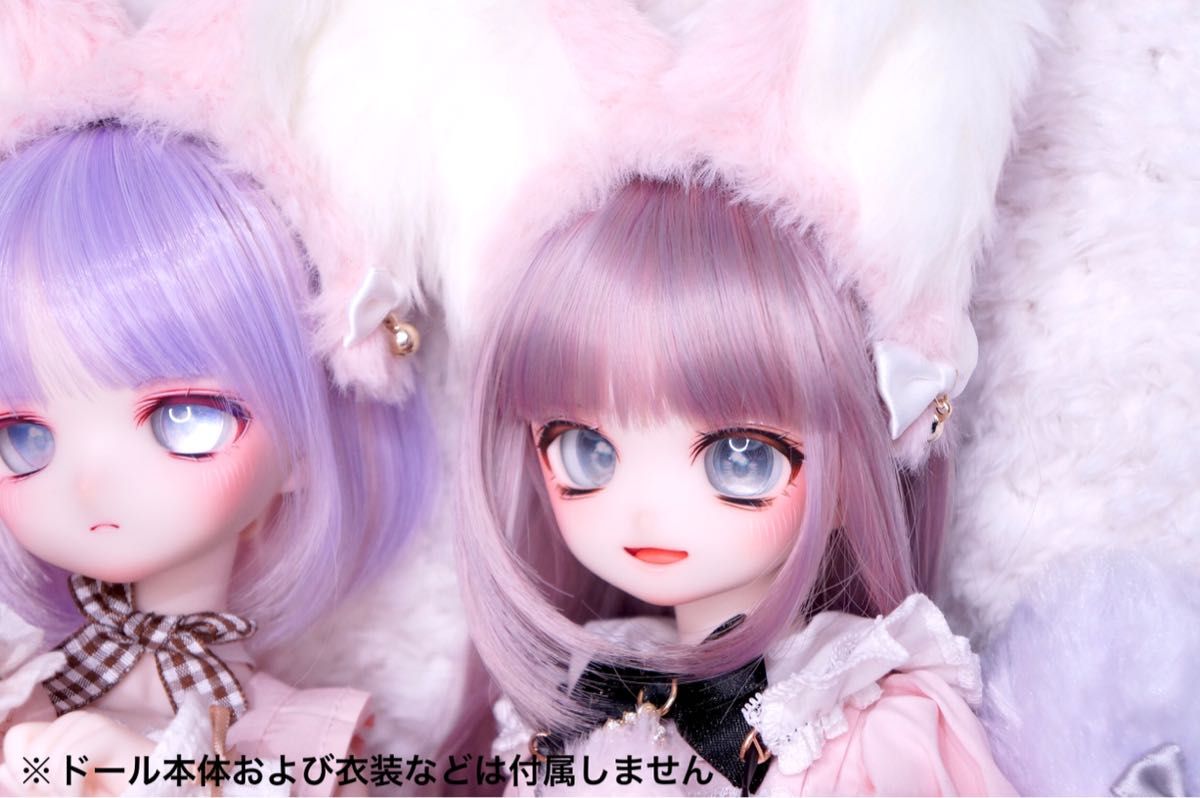 【ミニクッションおまけ】ドール用ケモミミカチューシャ #007-2 ピンク×ホワイト リボンと鈴のチャーム 対応サイズMDDなど