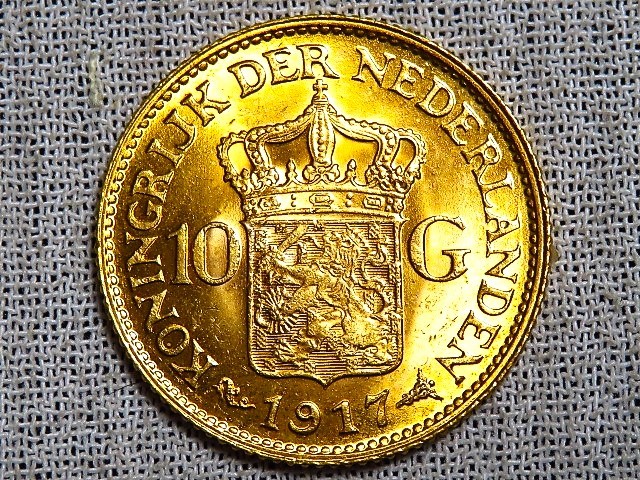 外国銭 ウィルヘルミナ 10グルデン金貨 1917年 重さ約6.72g オランダ金貨