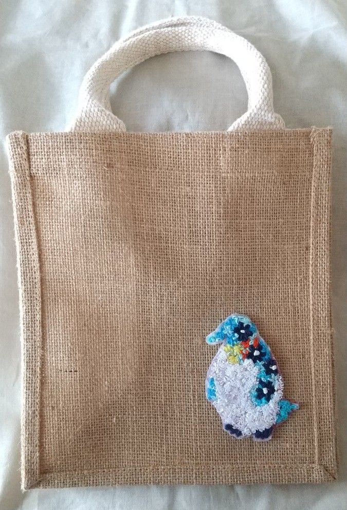 花の刺繍 ペンギン ハンドメイド 手刺繍 ジュートバッグ A6 弁当箱入れ マイバック 無印、#ぶらんこのこ