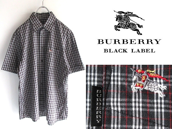 希少 BURBERRY BLACK LABEL バーバリーブラックレーベル マルチカラーホースロゴ刺繍 ロゴピスネーム 黒ノバチェックシャツ 3 ネコポス対応_画像1